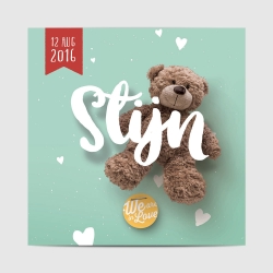 Geboortekaartje lieve teddybeer met hartjes jongens kaartje (4360)